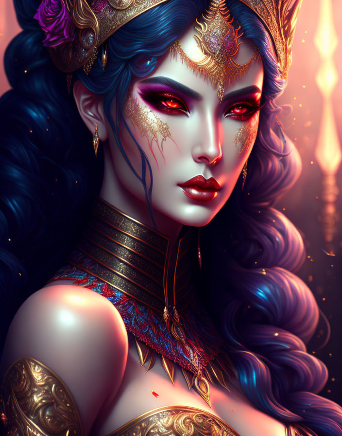 Fantastical woman with blue skin and golden headdress in digital artwork