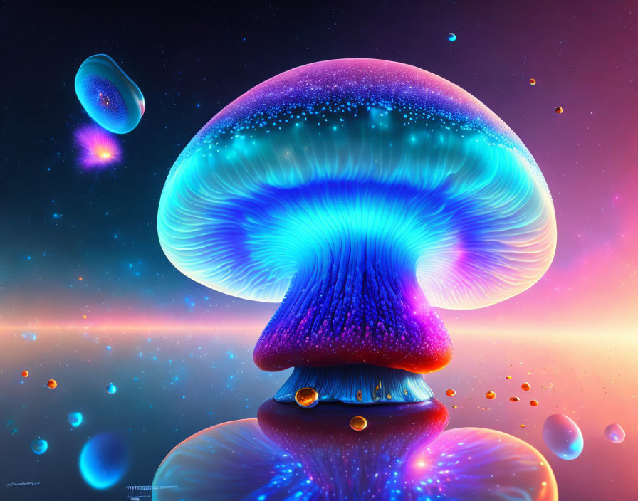 Neon-colored mushroom digital artwork in cosmic setting