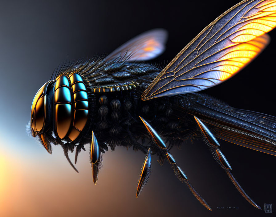 Detailed Close-Up of Metallic Blue-Eyed Fly with Black Hairy Body