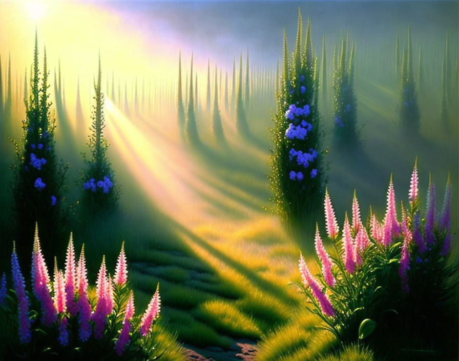 Vibrant flowers and sunrays in serene landscape