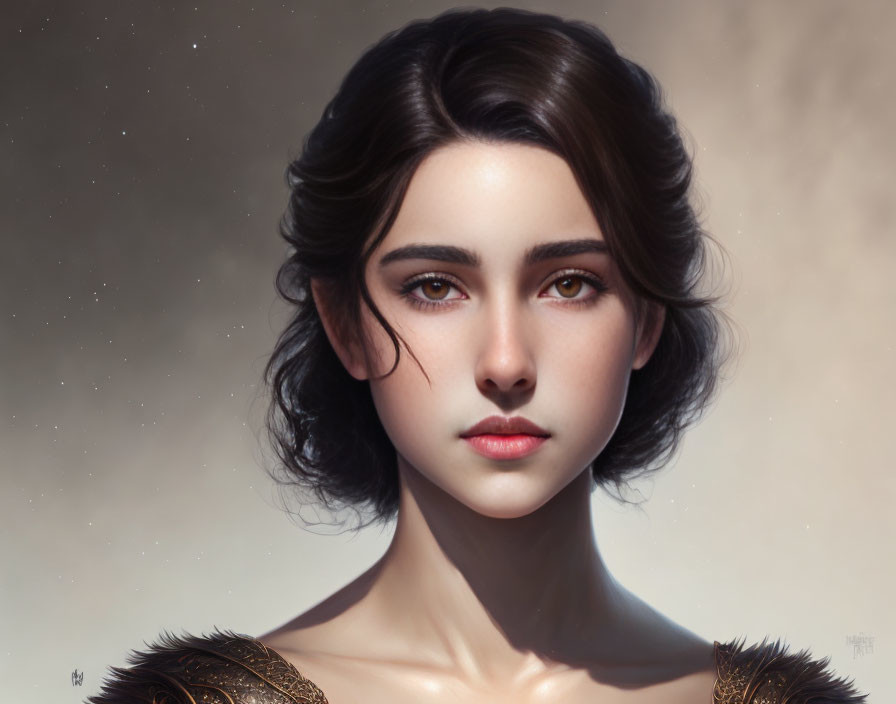 Digital portrait of woman with dark hair and golden shoulder armor on starry background