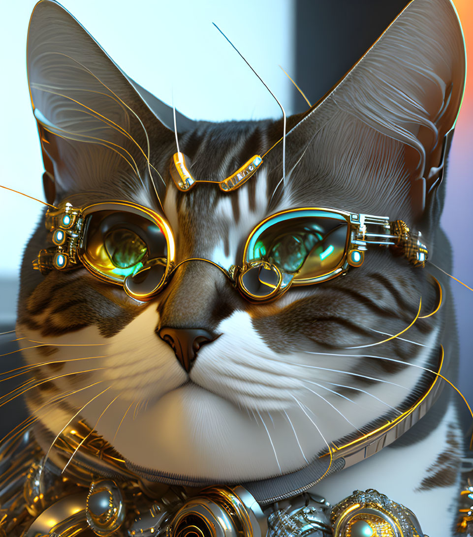 Detailed Steampunk-Themed Cat Artwork with Goggles and Mechanical Accessories