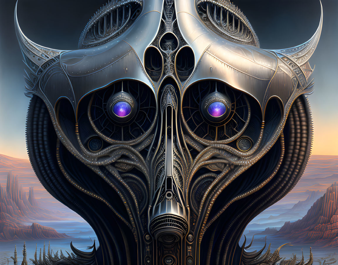 Detailed digital artwork: Symmetrical biomechanical mask with glowing purple elements on alien landscape.