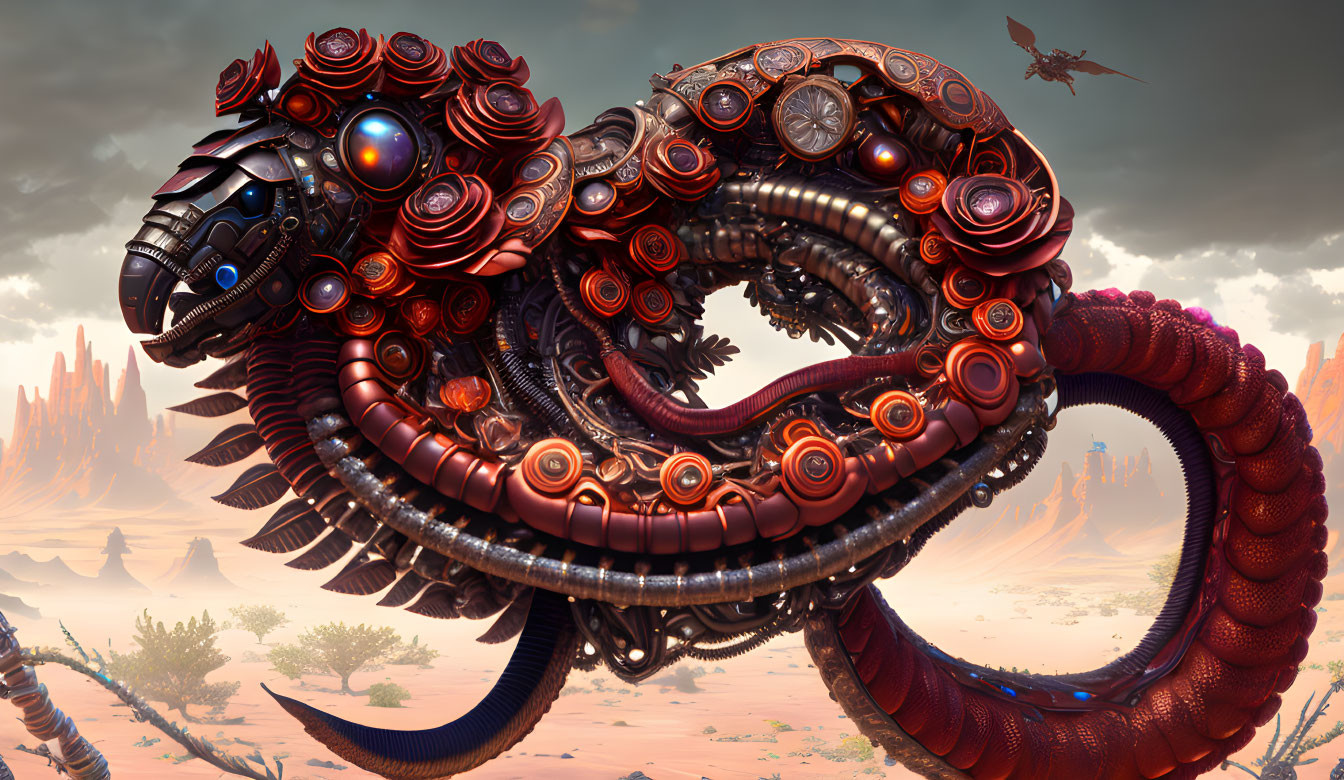 Digital artwork featuring mechanical serpent and glowing gears in desert landscape