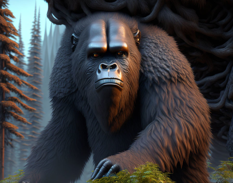 Detailed illustration of powerful gorilla in misty pine forest