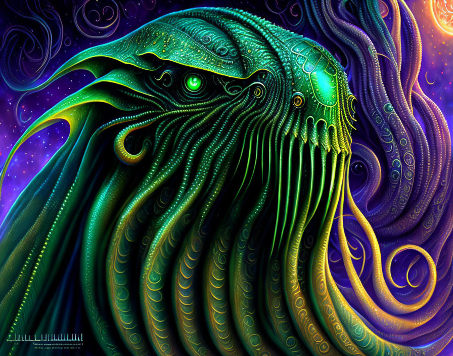 Vivid digital artwork: Ornate psychedelic bird with swirling patterns and luminous eyes