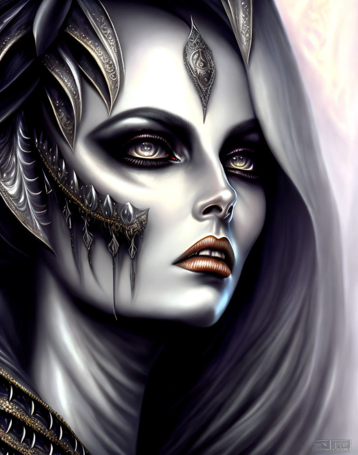 Ethereal female digital artwork with dark makeup and metallic armor