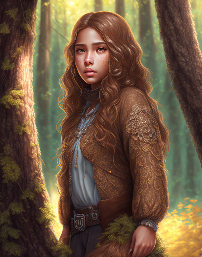 Young woman with wavy hair and freckles in sunlit forest wearing brown jacket and blue blouse