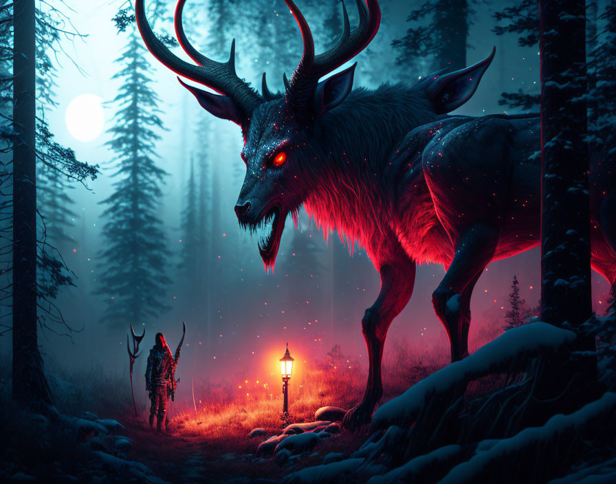 Mystical snowy forest scene with giant glowing-eyed stag and cloaked figure