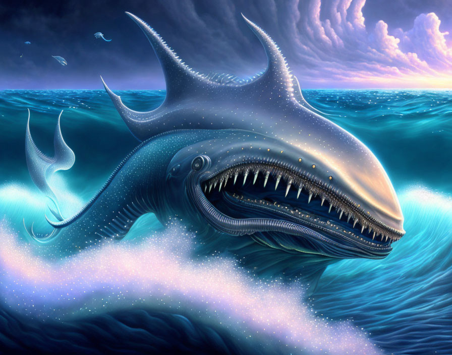 Giant whale-like creature with sharp teeth in dramatic marine scene