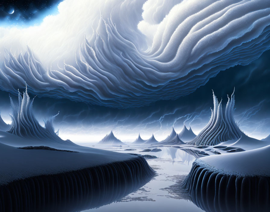 Fantasy landscape with towering ice structures and swirling clouds under starlit sky