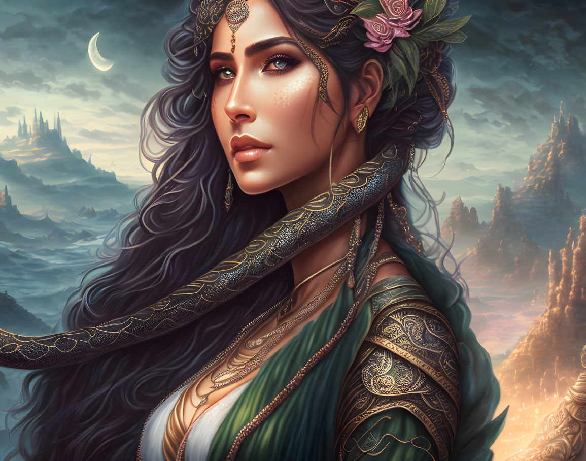 Woman with Long Hair in Fantasy Artwork with Castle and Moon