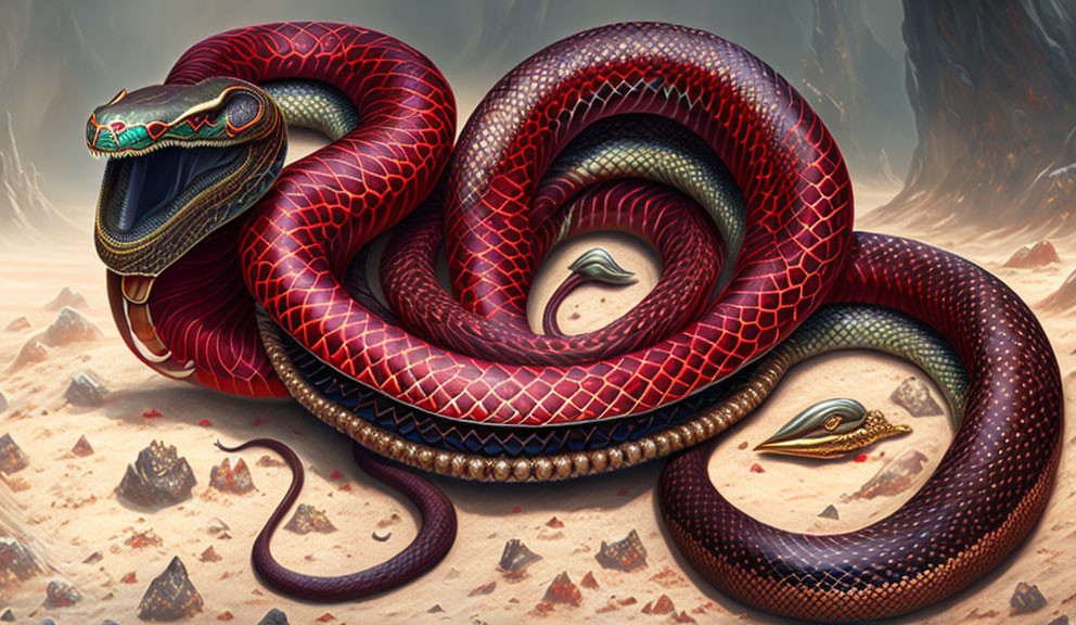 Detailed digital artwork: Three snakes intertwined with vivid red and brown scales on sandy background