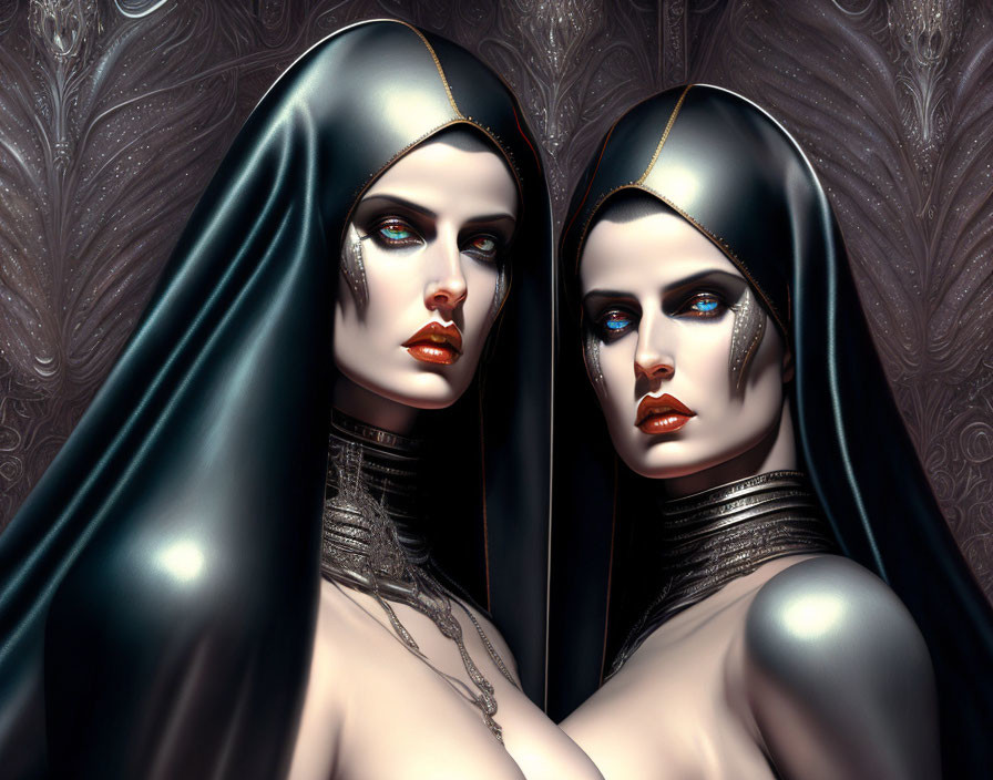 Identical female figures in metallic attire with dark hair and head coverings