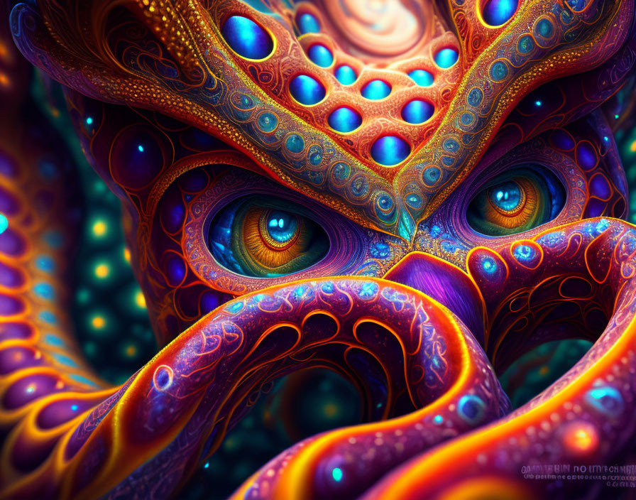 Colorful digital artwork: Fantastical octopus creature with mesmerizing eyes & intricate skin patterns