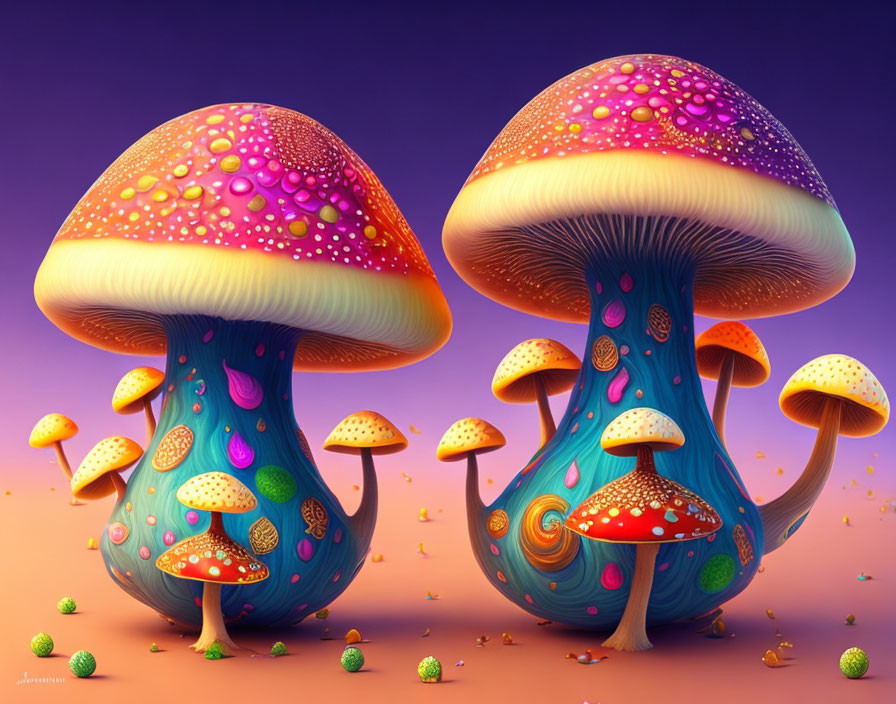 Colorful Stylized Mushrooms on Purple Background