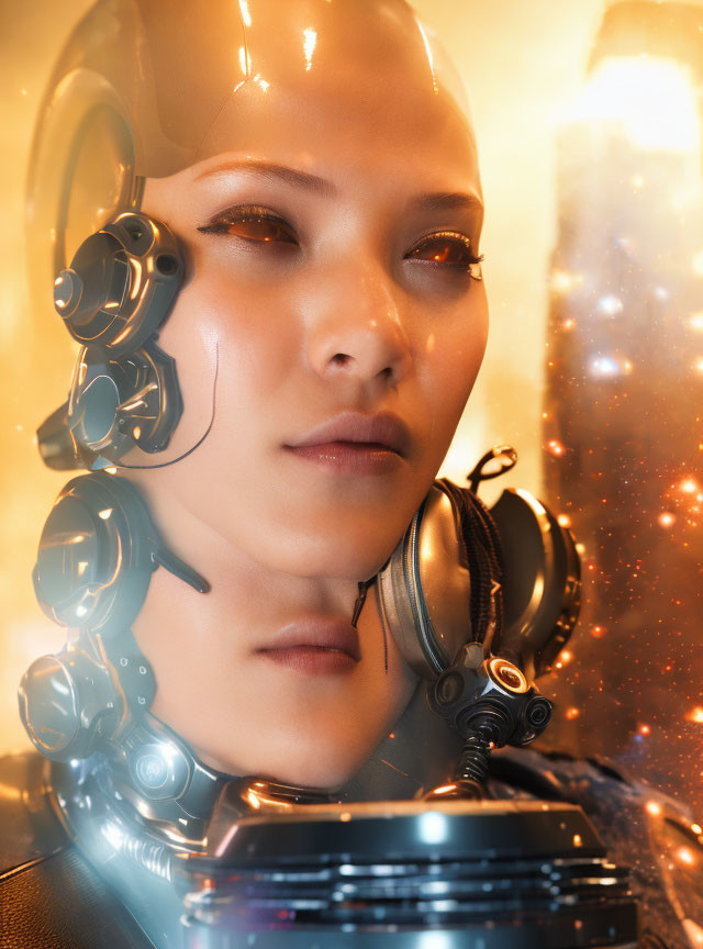 Detailed close-up of female cyborg with reflective headpiece and mechanical neck in warm glow.