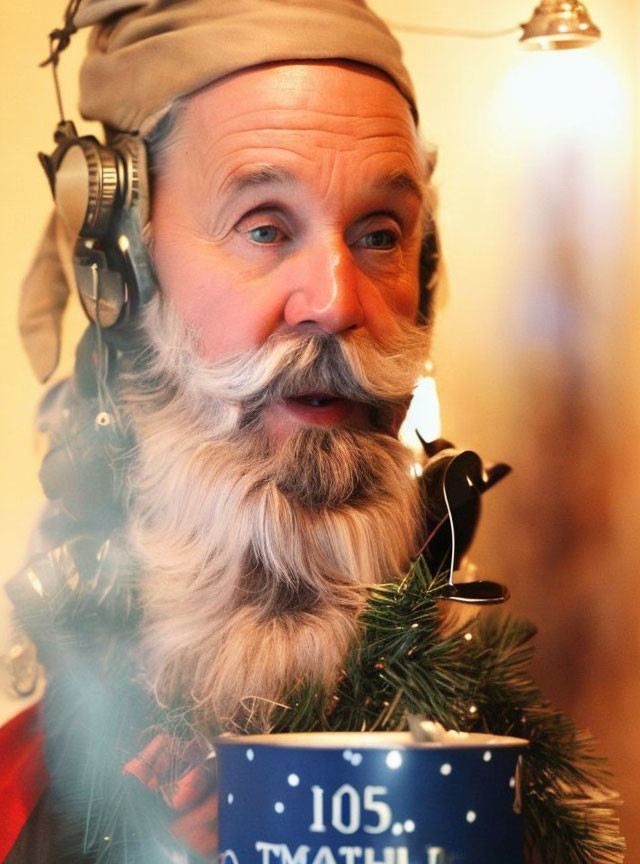 Bearded person in festive attire with headphones and microphone in Christmas setting