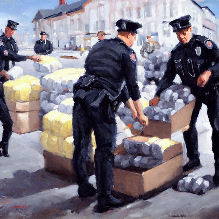 Law enforcement officers inspecting packaged blocks in public square with patrol cars.