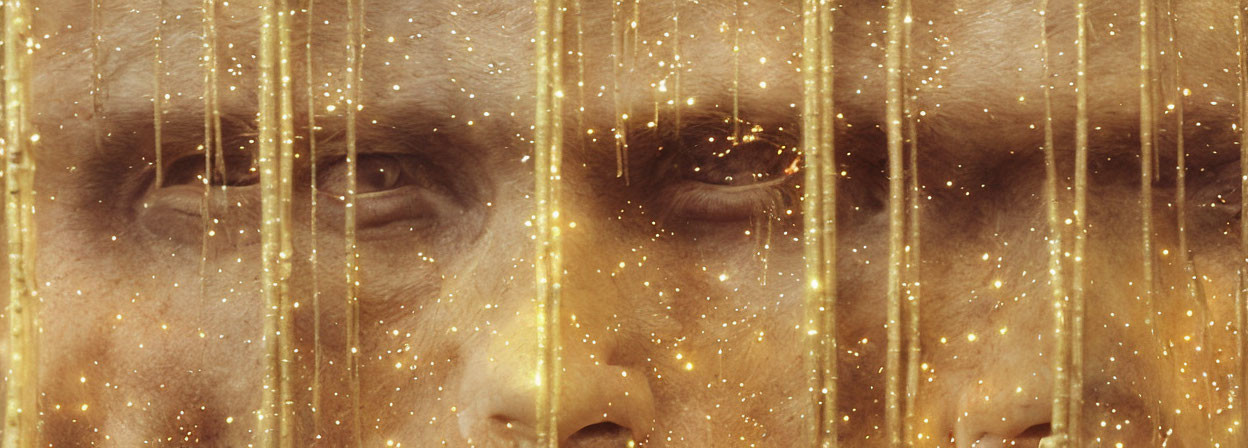 Close-up Portrait Behind Golden Veil with Sparkling Particles