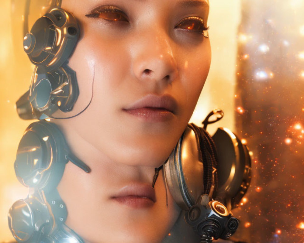 Detailed close-up of female cyborg with reflective headpiece and mechanical neck in warm glow.