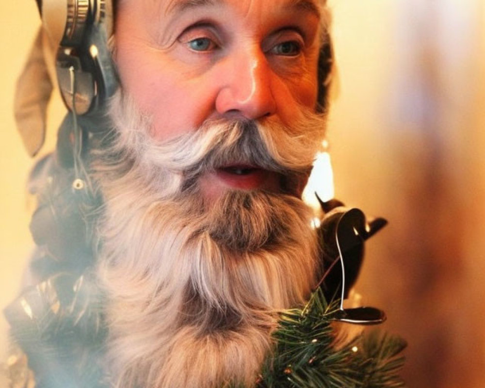 Bearded person in festive attire with headphones and microphone in Christmas setting