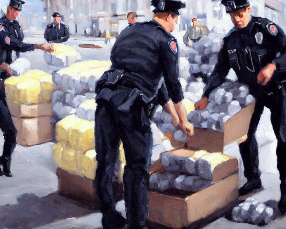 Law enforcement officers inspecting packaged blocks in public square with patrol cars.