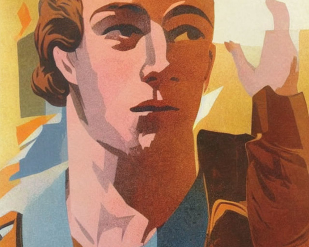 Geometric male figure in profile on artistic poster with Cyrillic text in yellow, orange, and brown