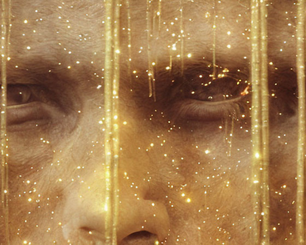 Close-up Portrait Behind Golden Veil with Sparkling Particles