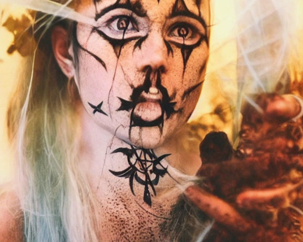 Person with dramatic makeup and symbols, holding mysterious object