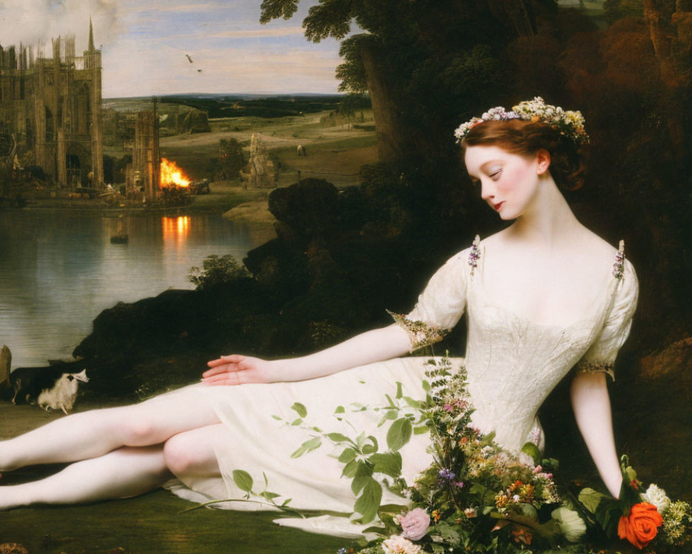 Woman in white dress with floral wreath reclining in pastoral landscape with burning castle