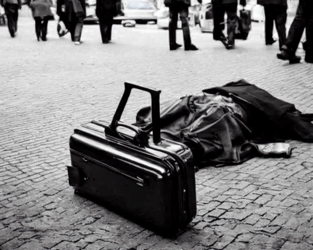 Monochrome photo of suitcase and coat on cobblestone street