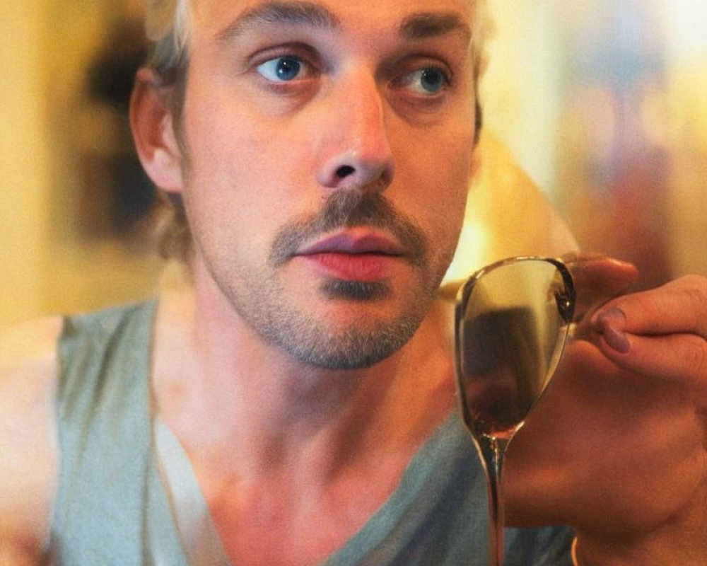 Platinum blonde person holding spoon over blue can in warm light