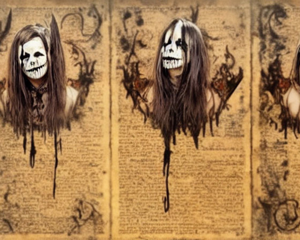 Three Creepy Masked Figure Images on Text-Filled Parchment