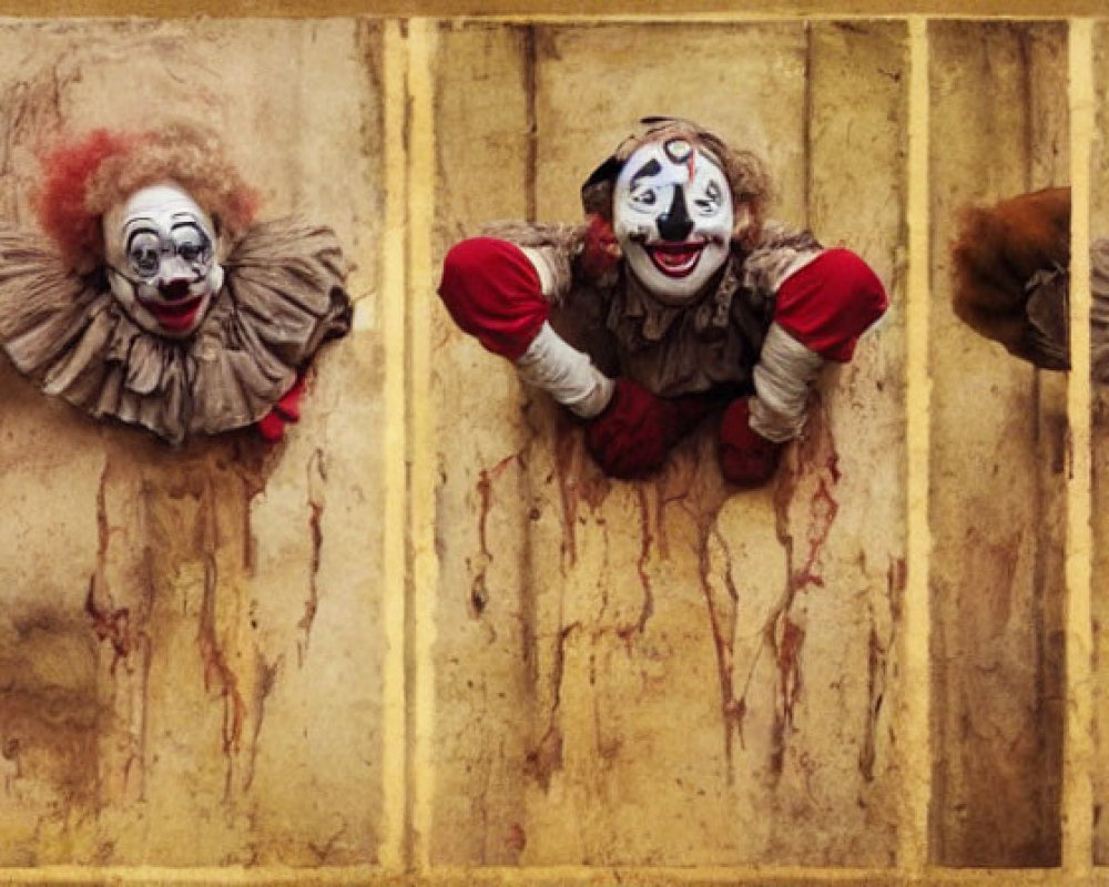 Three-panel clown portrait with varied expressions on distressed background