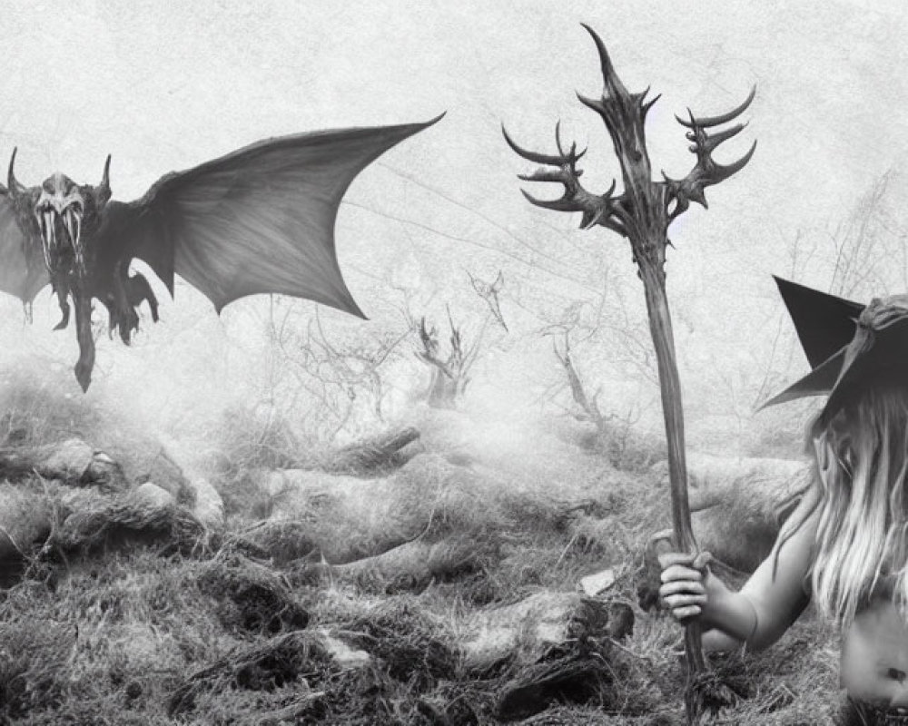 Monochrome fantasy art: winged dragon and witch in foggy landscape