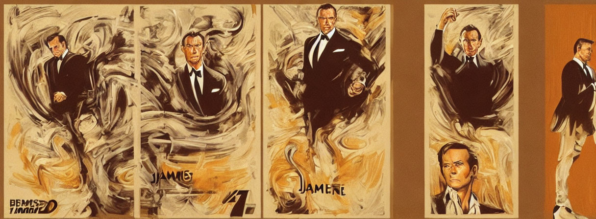 Five Stylized Paintings of Men in Suits with Abstract Backgrounds