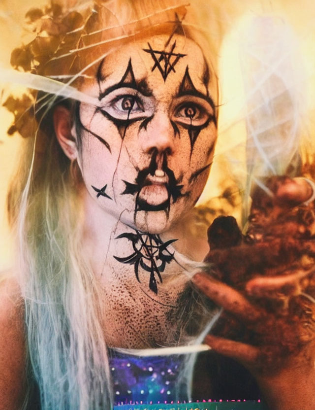 Person with dramatic makeup and symbols, holding mysterious object