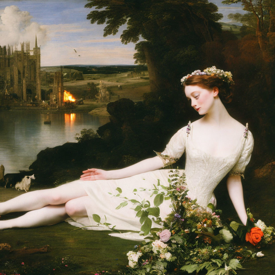 Woman in white dress with floral wreath reclining in pastoral landscape with burning castle