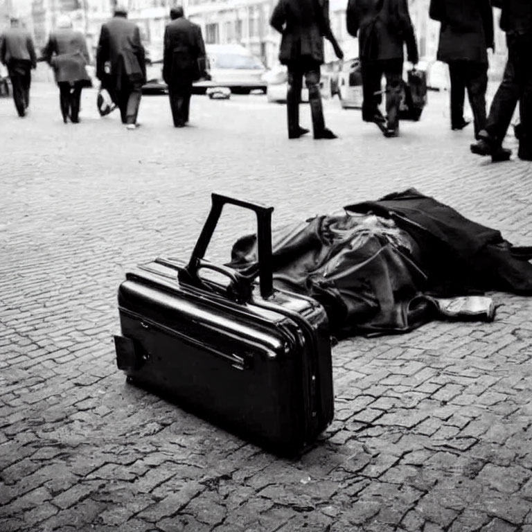 Monochrome photo of suitcase and coat on cobblestone street