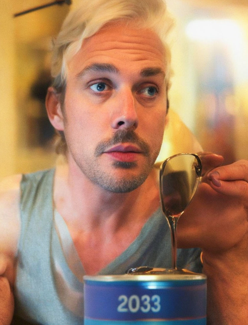 Platinum blonde person holding spoon over blue can in warm light