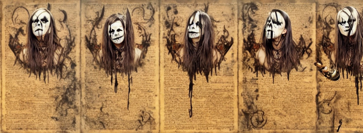 Three Creepy Masked Figure Images on Text-Filled Parchment