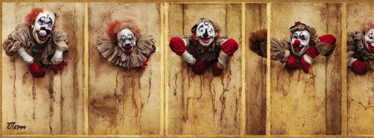 Three-panel clown portrait with varied expressions on distressed background