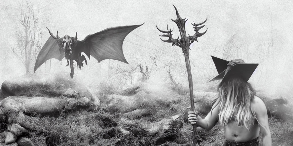 Monochrome fantasy art: winged dragon and witch in foggy landscape