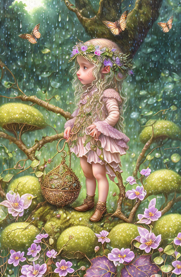 Illustration of young girl in forest with oversized flowers, mushrooms, and butterflies