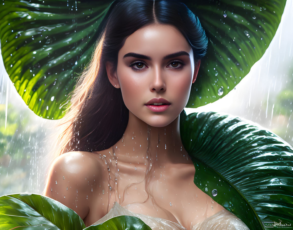 Dark-Haired Woman Surrounded by Tropical Leaves in Rain Shower