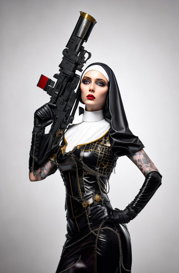 Woman in modern nun outfit with rifle, tattoos, black habit, and bold makeup