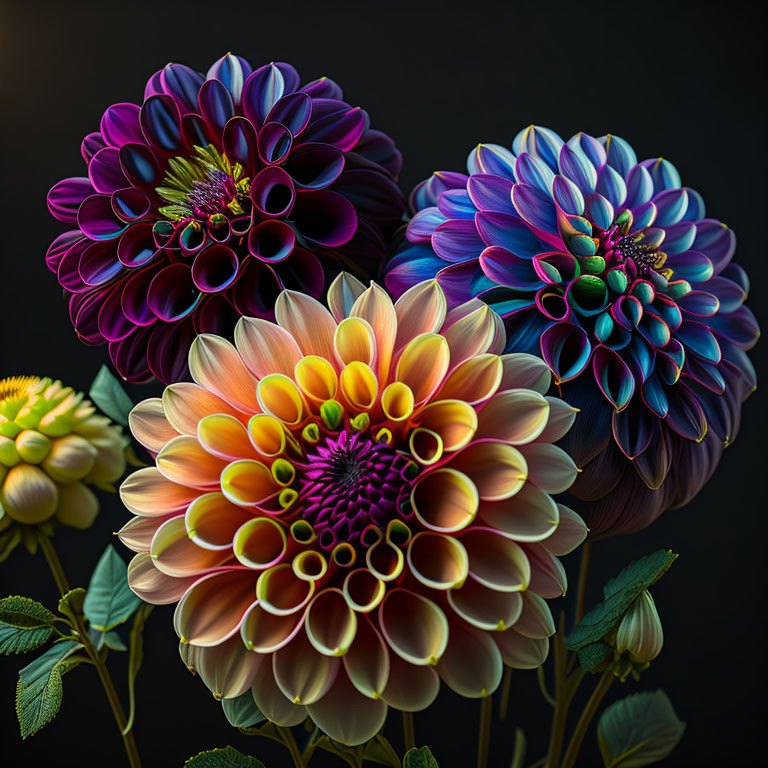 Colorful Dahlia Flowers in Purple, Blue, and Yellow-Orange on Dark Background