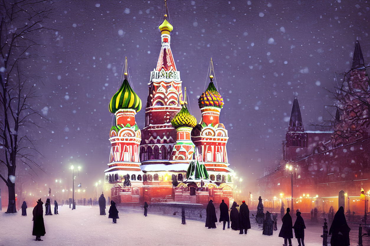 Snowy Evening Scene: Saint Basil's Cathedral Illuminated in Moscow