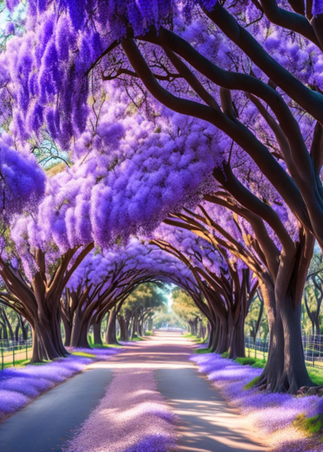 Surreal Purple Foliage Arching Over Walkway with Scattered Sunlight